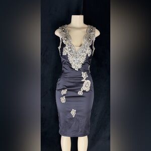 One-Shoulder Black Dress with Silver Lace Appliqué